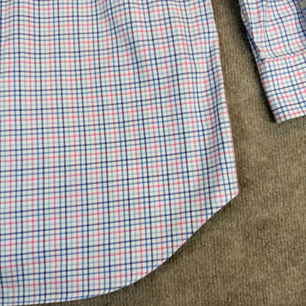 David Donahue Mens Dress Shirt 16 1/2 34/35 Blue Pink Plaid Cotton Trim Fit - Picture 14 of 15
